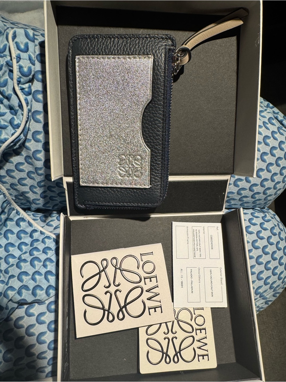 NIB LOEWE Navy & Silver Glitter Card Wallet